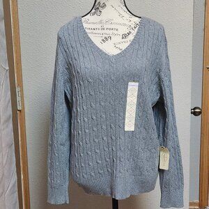 ST. JOHN'S BAY - Women's Gray Cable Knit V-Neck Sweater - XL Petite - NEW NWT